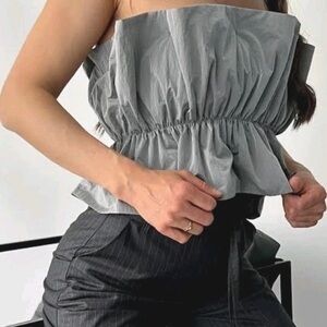 Strapless Ruffled Peplum Top in Light Blue/Gray